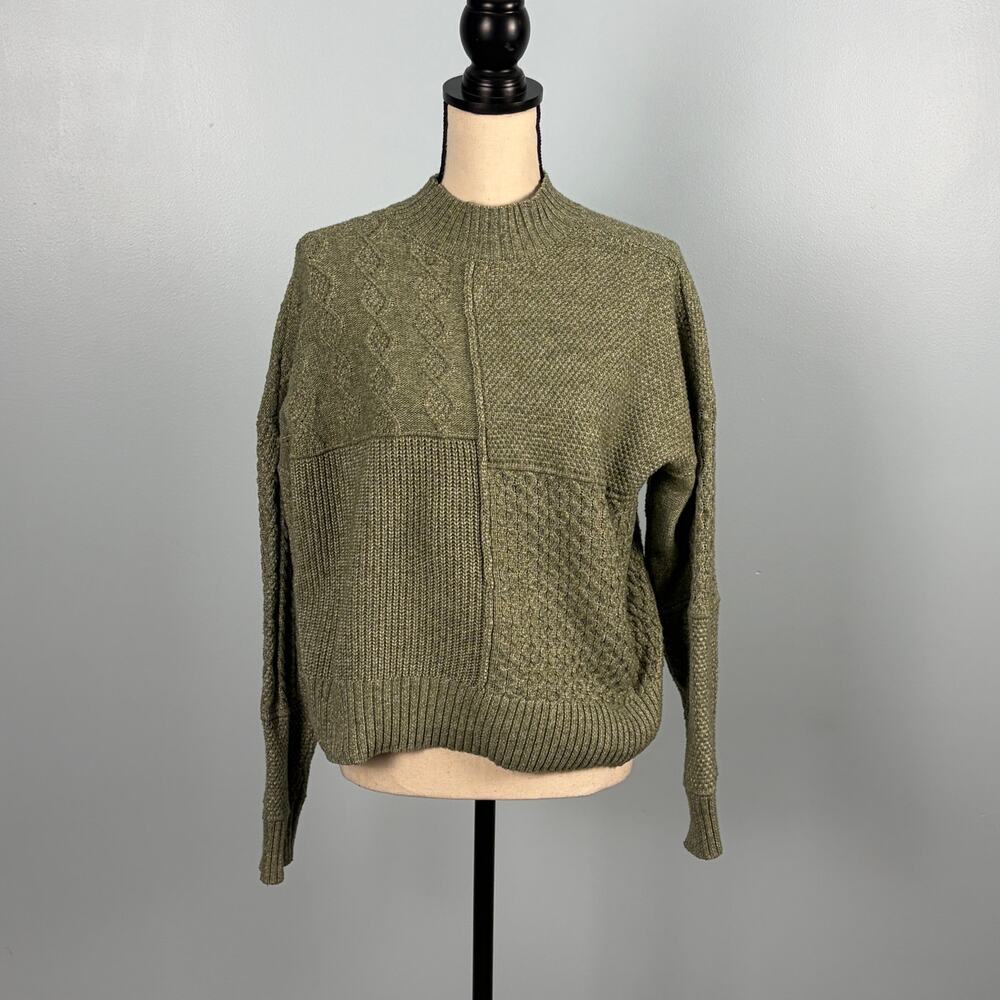 Patchwork Cable Knit Sweater Olive Green Mock Neck Womens M Cozy Fall
